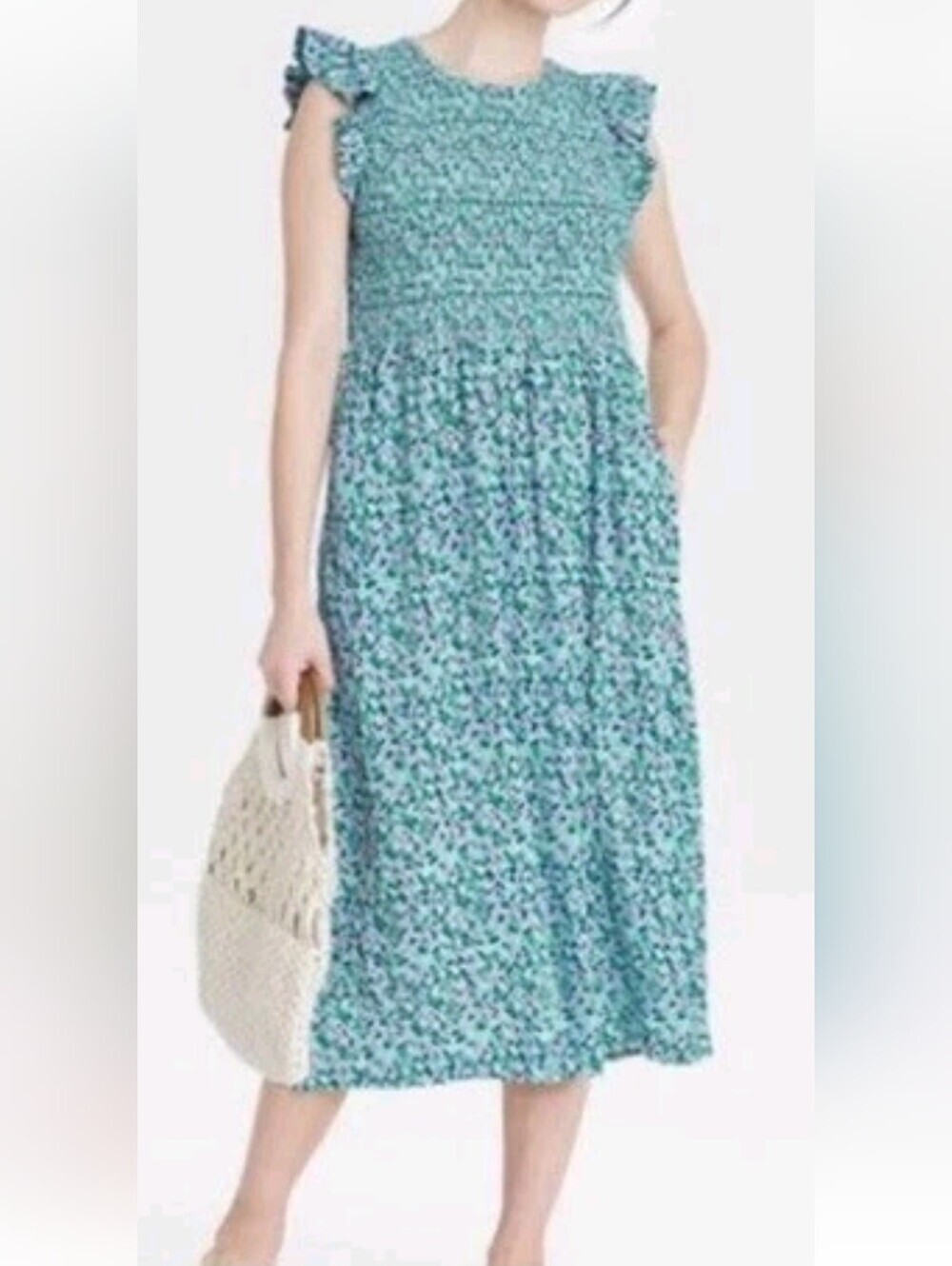 NWT A New Day Floral Smocked Bodice Midi Dress With Pockets in Teal Blue Size 1X